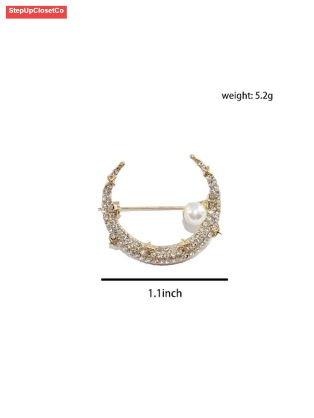Crescent Moon Brooch Pin with Rhinestone Crystal & Freshwater Pearl for Women